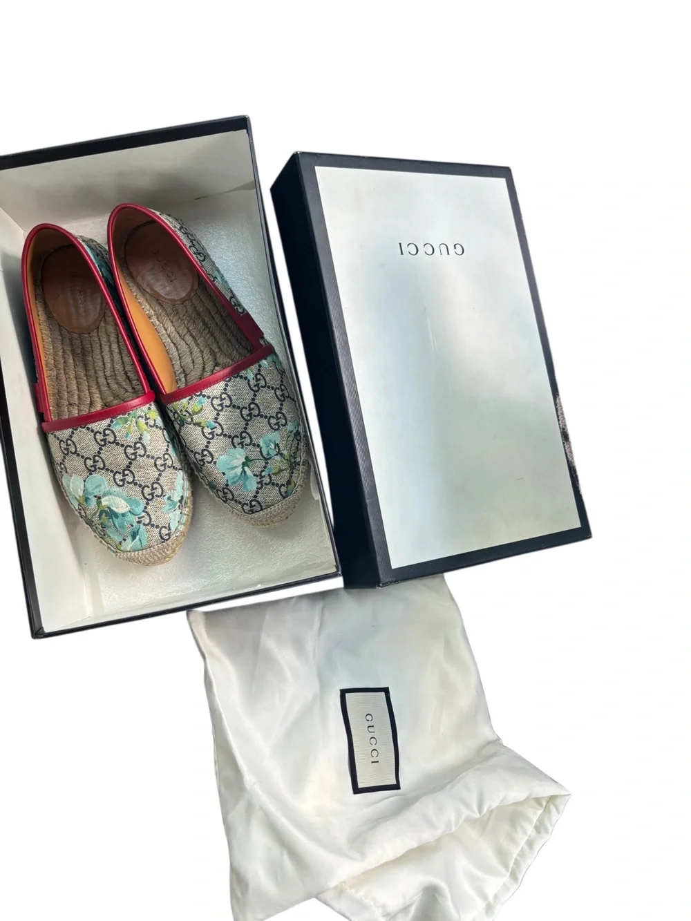 Gucci Blue Floral GG Canvas Espadrilles with Matching Crossbody and Red Trim
